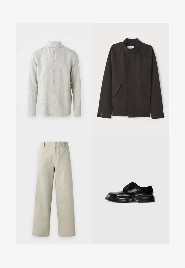 NN.07 SOPHUS - Mezisezónní bunda - black; Svetle šedá lněná košile s knoflíkovou přední částí, klasickým límcem a dlouhými rukávy. Obsahuje jemnou texturu a pět hnědých knoflíků.; Han Kjøbenhavn WIDE LEG - Kalhoty - light grey; Černé kožené společenské boty se zaoblenou špičkou, hladkým povrchem, šněrováním a vrstvou podpatku. Minimalistický styl bez viditelných log.