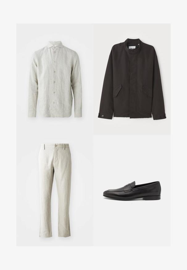 NN.07 SOPHUS - Übergangsjacke - black; Helles grau gestreiftes Leinenhemd mit Knopfverschluss, klassischem Kragen und langen Ärmeln. Es hat eine dezente Textur und fünf braune Knöpfe.; Helle beige Leinenhosen mit geradem Schnitt, subtiler Textur, vorderer Knopfverschluss und zwei Seitentaschen. Maßgeschneidert für eine saubere Silhouette.; Schwarze Leder-Herrenloafer mit niedrigem Absatz und klassischem Penny-Riemen-Design, seitlich auf einem weißen Hintergrund dargestellt.