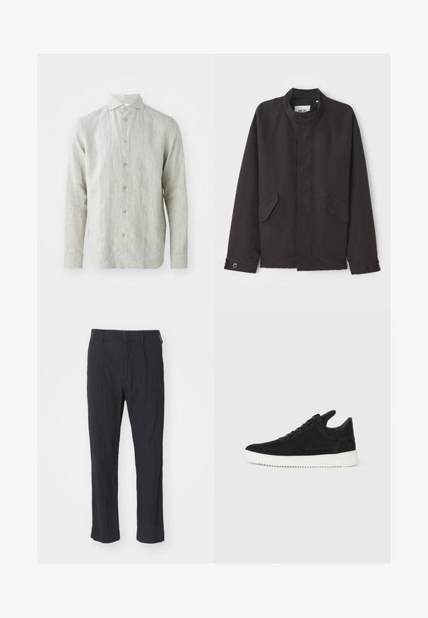 NN.07 SOPHUS - Välikausitakki - black; Vaaleanharmaa pellavapaita, jossa on nappitaskulista, klassinen kaulus ja pitkät hihat. Sisältää hienovaraisen tekstuurin ja viisi ruskeaa nappia.; Mustat laskostetut housut, joissa on teksturoitu kangas, suoran lahkeen muotoilu ja tavanomainen vyötärö. Ei näkyviä taskuja tai metalliosia.; Mustat mokkasiinikenkiä valkoisella kumipohjalla, jossa on sävy sävyyn ompelu ja nauhakiinnitys. Sujuva pinta ja moderni, virtaviivainen muoto.