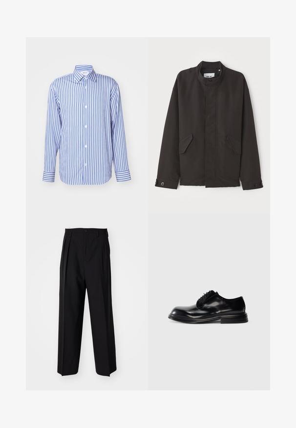 NN.07 SOPHUS - Lahka jakna - black; Modra in bela prugasta srajca, s ovratnikom, dolgimi rokavi, sprednjim zapenjanjem z gumbi, mehko tkanino, gumbnimi manšetami in enakomerno razporejenimi vertikalnimi črtami.; Črne nabirane hlače s ravnim, širokim krojem. Narejene so iz gladkega materiala in imajo zadrgo ter pasne zanke.; Črna usnjena obutev za moške z zaobljenim nosom, gladko površino, vezalnim dizajnom in slojenim peto. Minimalističen stil brez vidnih logotipov.