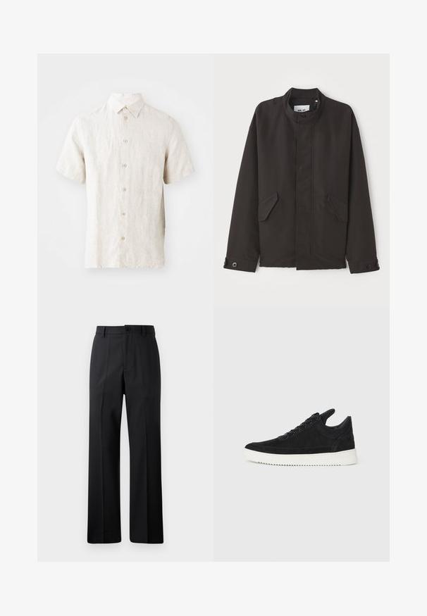 NN.07 SOPHUS - Veste mi-saison - black; Chemise en lin à manches courtes de couleur beige clair. Dotée d'un col classique, d'une fermeture à boutons et d'une texture subtile. Design épuré sans motifs.; Pantalon noir à jambes droites avec passants de ceinture, bouton avant et fermeture éclair, présenté sur un fond blanc uni.; Baskets en daim noir avec une semelle en caoutchouc blanc, présentant des coutures tonales et un design lacé. Texture lisse avec une forme moderne et épurée.