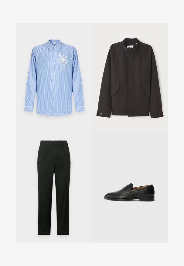 NN.07 SOPHUS - Light jacket - black; Blue and white vertical striped long-sleeve button-up shirt with a white rope flower design on the left chest pocket.; Black trousers with a straight-leg design, flat front, and side pockets. Made from a textured fabric with a smooth finish.; Black leather loafer with a rounded toe, subtle stitched detailing, and a low heel, featuring a smooth texture and minimalist design.