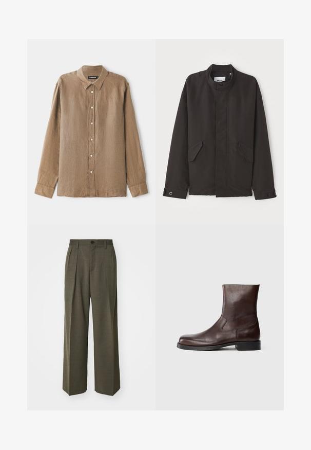 NN.07 SOPHUS - Giacca da mezza stagione - black; Camicia marrone a maniche lunghe in un tessuto leggero e texturizzato, con colletto e chiusura a bottoni con bottoni a contrasto. Design a vestibilità rilassata.; Filippa K WIDE TROUSERS - Pantaloni - driftwood; Stivali alla caviglia in pelle marrone con una texture liscia, punta arrotondata, cuciture minime e una suola piatta in gomma nera.