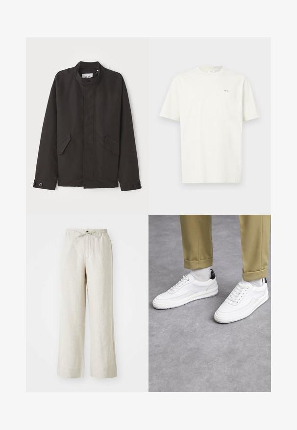 NN.07 SOPHUS - Giacca da mezza stagione - black; Maglietta a maniche corte bianca con colletto girocollo, con piccolo testo nero "NN. 07" sul lato sinistro del petto, su uno sfondo chiaro.; Pantaloni in lino di colore beige chiaro, con una vestibilità ampia, vita elasticizzata con cordino e tasche laterali per maggiore comodità.; Sneaker bianchi con finitura in pelle testurizzata, punta arrotondata e accentuazione nera sul tallone. Suola in gomma con piccolo motivo di battistrada e dettagli cuciti.
