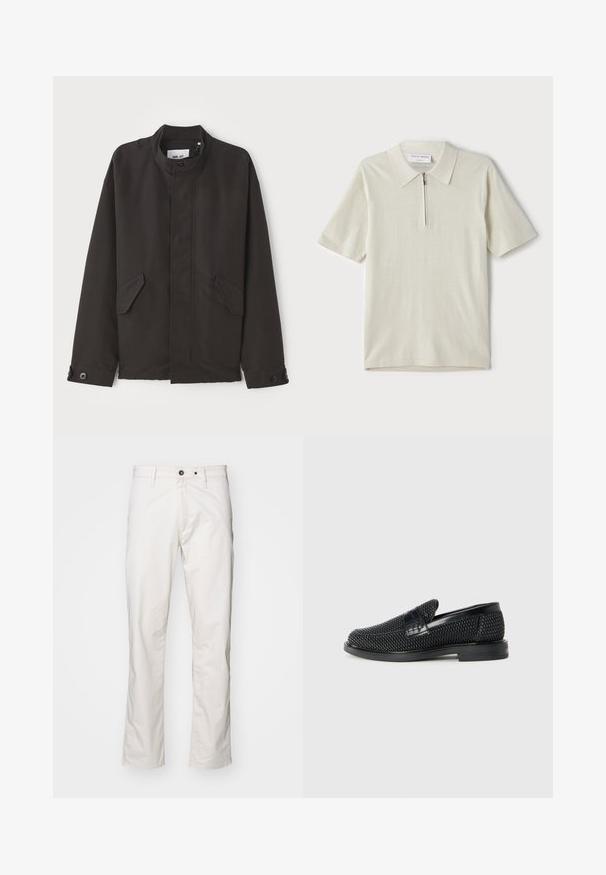 NN.07 SOPHUS - Lengva striukė - black; Šviesiai bežinis trumpomis rankovėmis polo marškinėliai su užtrauktuku ant apykaklės. Pagaminti iš lygaus audinio, pasižymi paprastu, moderniu dizainu be raštų.; Balti medvilniniai kelnių su tiesiomis kojomis, turintys dvi priekinės kišenes ir dvi galinės kišenes, mygtuko uždarymą ir minimalų siuvimo detalių kiekį.; Juodas pintas slip-on tipo batelis su lygiu odiniu akcentu viršuje, apvalios nosies dizainas ir žemas guminis padas.