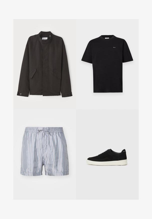 NN.07 SOPHUS - Könnyű dzseki - black; Fekete, rövid ujjú, kerek nyakú póló, bal mellen kicsi, fehér "NN. 07" logóval, fehér háttér előtt bemutatva.; Csíkos fürdőnadrág világoskék és fehér színben, rugalmas derékkal, zsinórral és sima, könnyű anyaggal.; Fekete velúr sportcipő fűzős dizájnnal és kontrasztos fehér gumitalppal. Jellemzői a textúrázott oldalpanelek és a diszkrét logó a sarokon.