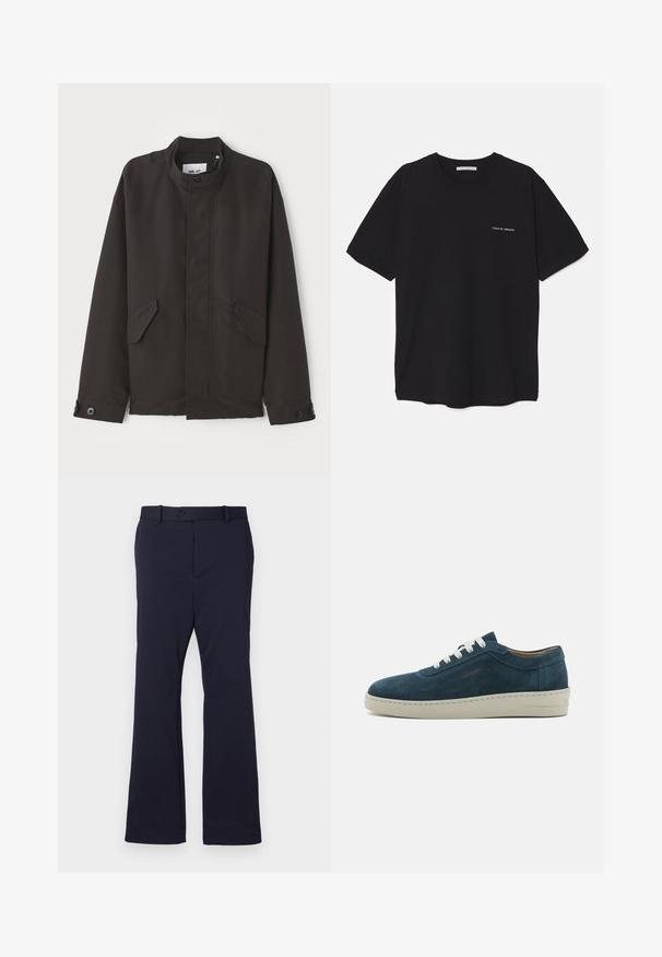 NN.07 SOPHUS - Chaqueta de entretiempo - black; Camiseta de algodón negra con cuello redondo, mangas cortas y un estampado de logo blanco en el lado izquierdo del pecho. Diseño simple y de color sólido.; Pantalones azul marino hechos de una tela suave con un diseño de pierna recta, bolsillos frontales y un cierre de botón en la cintura.; Zapatillas de ante azul con puntera redondeada, cordones blancos y suela de goma. Presenta costuras sutiles y un acento de marca en el costado.