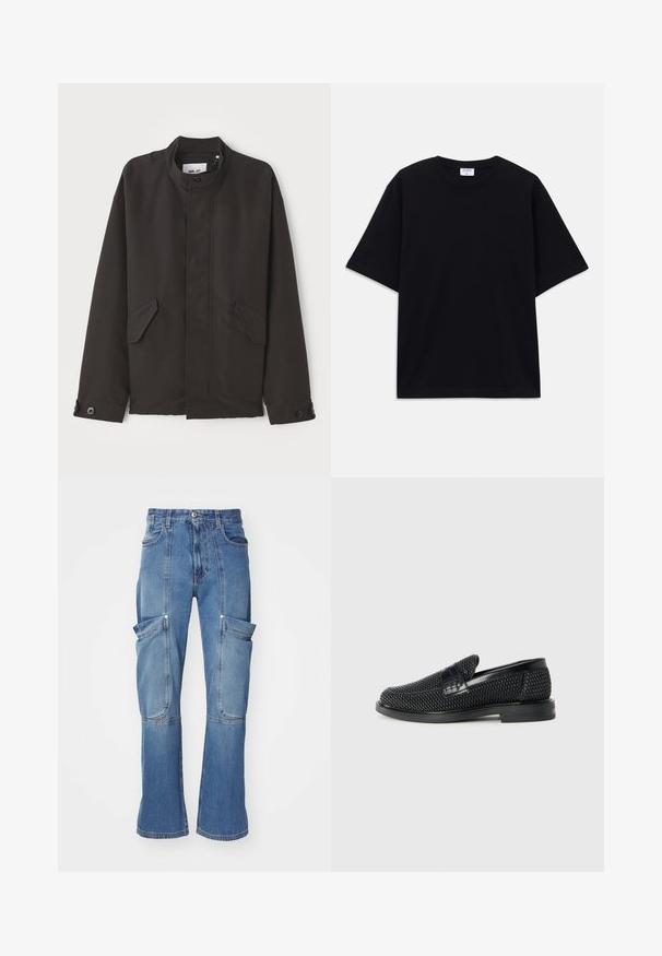 NN.07 SOPHUS - Kerge jope - black; Must t-särk, lühikeste varrukatega, üle mõõdu, ümmarguse kaelusega ja nähtava Filippa K brändi sildiga kaelas.; Heledad denim-tekstiilist cargo püksid helesinises värvitoonis, kõrge vöökoht, mitmed küljetaskud ja lõhestatud sääred, eristusõmbluste ja tõmbluku sulgemisega.; Must musta kootud slip-on king, millel on pehme nahast accent ülaserval, ümmargune varvas ja madal profiiliga kummitald.