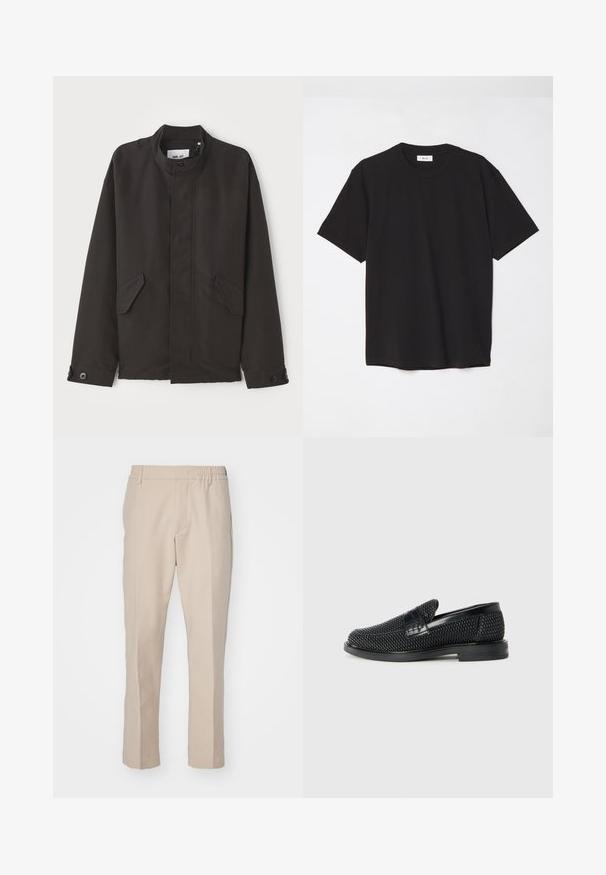 NN.07 SOPHUS - Übergangsjacke - black; Schwarzes Baumwoll-T-Shirt mit Rundhalsausschnitt, kurzen Ärmeln und lockerer Passform. Einfaches Design, glatte Textur und keine sichtbaren Muster oder Logos.; Beige Hose mit glatter Textur, geradem Schnitt und elastischem Bund. Verfügt über seitliche Taschen und eine neutrale Farbe, die für vielseitige Outfits geeignet ist.; Schwarzer geflochtener Slipper mit einem glatten Lederakzent im Obermaterial, einem runden Zehendesign und einer flachen Gummisohle.