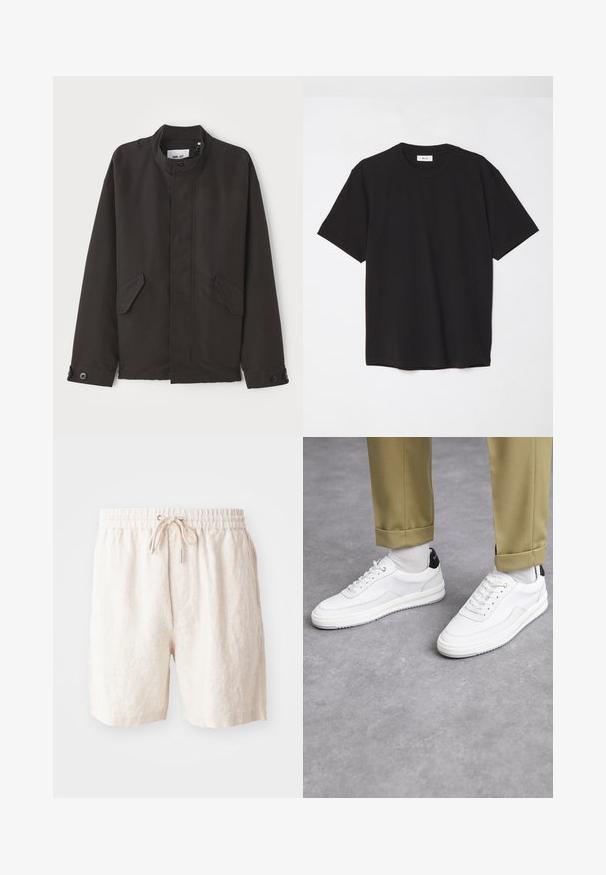 NN.07 SOPHUS - Chaqueta de entretiempo - black; Camiseta de algodón negra con cuello redondo, mangas cortas y un corte relajado. Diseño simple, textura suave y sin patrones o logotipos visibles.; Pantalones cortos de lino beige con cintura elástica, cordón ajustable y bolsillos laterales. Textura suave con un corte relajado.; Zapatillas blancas con un acabado de cuero texturizado, punta redondeada y acento negro en el talón. Suela de goma con un pequeño patrón de relieve y detalle de costura.