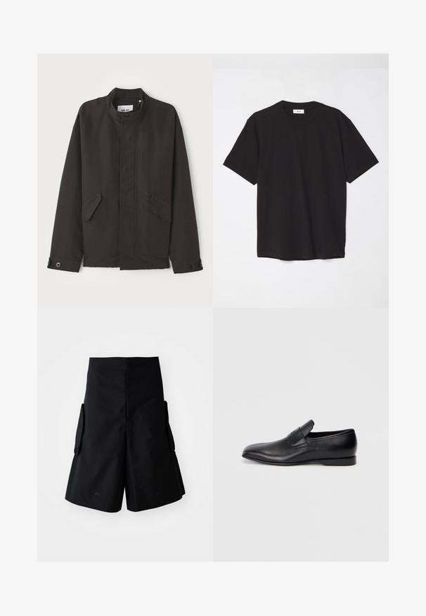 NN.07 SOPHUS - Lengva striukė - black; Juodas medvilninis marškinėlis su apvaliu kaklu, trumpomis rankovėmis ir laisvu siluetu. Paprastas dizainas, lygus paviršius ir be matomų raštų ar logotipų.; A-COLD-WALL* FORM SHORT - Šortai - black onyx; Juodos odinės slip-on tipo bateliai su smailiu pirštu, lygia tekstūra ir subtiliu ženklinimu šone. Žemas kulnas su tvarkingu, minimalistiniu dizainu.