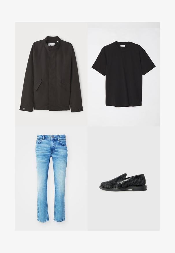 NN.07 SOPHUS - Kerge jope - black; Must must t-särk, millel on ümmargune kaelus, lühikesed varrukad ja lõdva soe. Lihtne disain, sile tekstuur ja nähtamatud mustrid või logod.; Sinine denimitest pükste paar, millel on pleekinud pesu, sirge jalgade disain ja toores äär. Omab viit taskut ja metallnuppude detaile.; Must musta kootud slip-on king, millel on pehme nahast accent ülaserval, ümmargune varvas ja madal profiiliga kummitald.