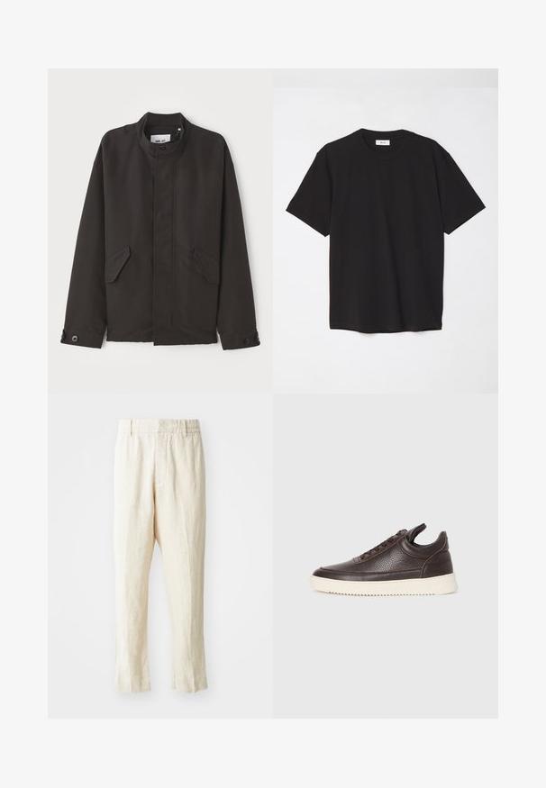 NN.07 SOPHUS - Ελαφρύ μπουφάν - black; Μαύρο βαμβακερό μπλουζάκι με στρογγυλή λαιμόκοψη, κοντά μανίκια και άνετη εφαρμογή. Απλός σχεδιασμός, λεία υφή και χωρίς ορατά σχέδια ή λογότυπα.; Μπεζ λινές παν trousers με άνετη εφαρμογή, κωνικά πόδια και επίπεδο μπροστινό μέρος. Διαθέτουν ελαστική μέση για άνεση και ελάχιστη λεπτομέρεια ραφής.; Σκούρο καφέ υφασμάτινο δερμάτινο αθλητικό παπούτσι με δέσιμο μπροστά και λευκή ανάγλυφη καουτσούκ σόλα σε απλή ανοιχτόχρωμη φόντο.