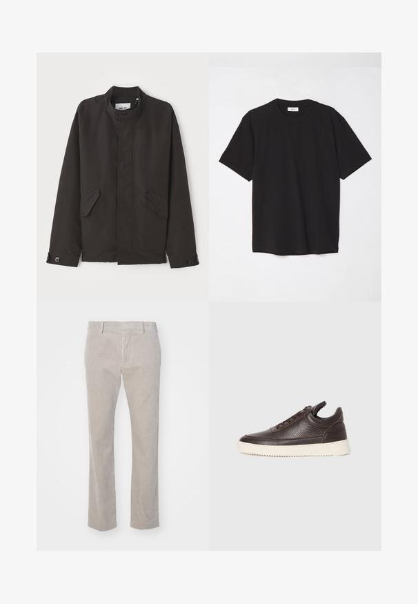 NN.07 SOPHUS - Light jacket - black; Black cotton t-shirt with a crew neck, short sleeves, and a relaxed fit. Simple design, smooth texture, and no visible patterns or logos.; Beige corduroy pants with vertical ribbed texture, straight cut, and standard waistband. Front pockets and belt loops included.; Dark brown textured leather sneaker with lace-up front and white ridged rubber sole on a plain light background.