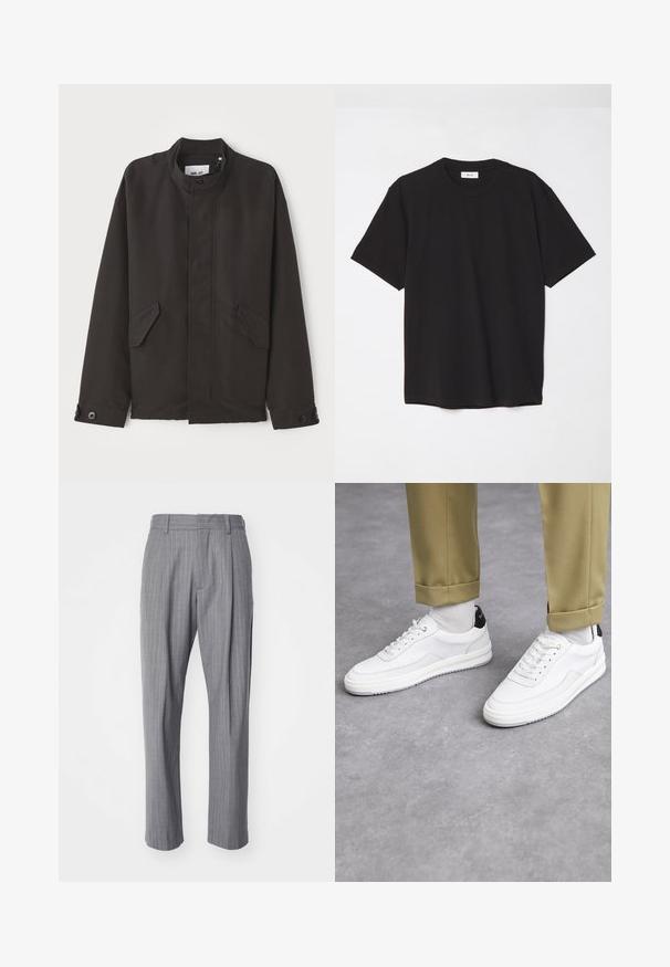 NN.07 SOPHUS - Giacca da mezza stagione - black; T-shirt in cotone nero con colletto a girocollo, maniche corte e vestibilità comoda. Design semplice, texture liscia e senza motivi o loghi visibili.; NN.07 KAY - Pantaloni - grey; Sneaker bianchi con finitura in pelle testurizzata, punta arrotondata e accentuazione nera sul tallone. Suola in gomma con piccolo motivo di battistrada e dettagli cuciti.
