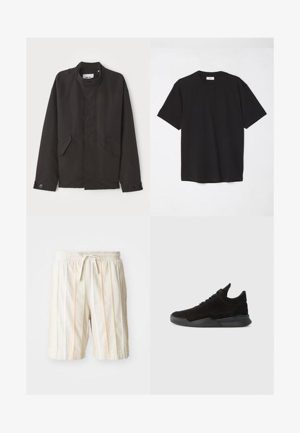 NN.07 SOPHUS - Übergangsjacke - black; Schwarzes Baumwoll-T-Shirt mit Rundhalsausschnitt, kurzen Ärmeln und lockerer Passform. Einfaches Design, glatte Textur und keine sichtbaren Muster oder Logos.; Weiße leichte Shorts mit vertikalen Streifen in Orange, Gelb und Grün. Mit einem elastischen Bund und einem Kordelzugverschluss.; Schwarze Wildleder-Sneaker mit niedrigem Profil, strukturiertem Obermaterial, flachen Schnürsenkeln und einer soliden Gummisohle mit leichtem Absatz und geschwungenem Design.
