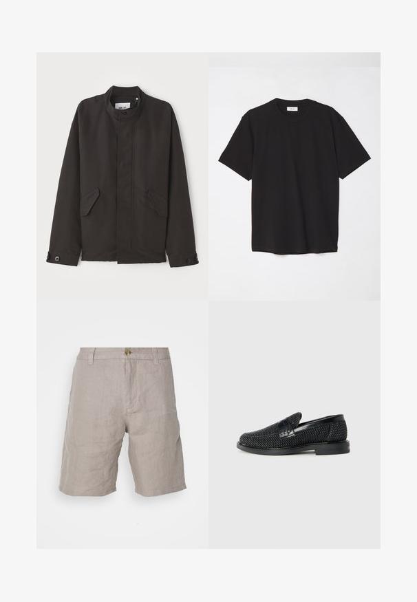 NN.07 SOPHUS - Giacca da mezza stagione - black; T-shirt in cotone nero con colletto a girocollo, maniche corte e vestibilità comoda. Design semplice, texture liscia e senza motivi o loghi visibili.; Pantaloni corti in lino beige con vestibilità rilassata, dotati di chiusura a bottone, passanti per la cintura e una texture liscia. Senza motivi o dettagli visibili.; Scarpa nera a mocassino intrecciata con un accentuato in pelle liscia sulla parte superiore, design a punta rotonda e suola in gomma a profilo basso.