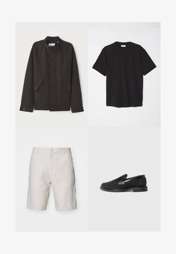 NN.07 SOPHUS - Overgangsjakke - black; Sort bomulds T-shirt med rund hals, korte ærmer og en afslappet pasform. Enkel design, glat tekstur og ingen synlige mønstre eller logoer.; Lys beige linned shorts med en naturlig tekstur, der har en frontknaplukning og sidelommer. Lige ben design.; Sort vævet slip-on sko med en glat læderdetalje på overdelen, en rund tådesign og en lavprofil gummisål.