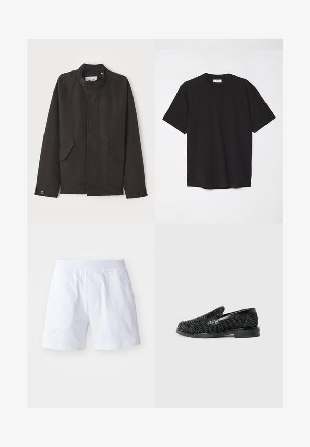NN.07 SOPHUS - Light jacket - black; Black cotton t-shirt with a crew neck, short sleeves, and a relaxed fit. Simple design, smooth texture, and no visible patterns or logos.; White cotton shorts feature an elastic waistband, two side pockets, and a relaxed fit. Smooth texture with no visible patterns or accents.; Black woven slip-on shoe with a smooth leather accent on the upper, a round toe design, and a low-profile rubber sole.