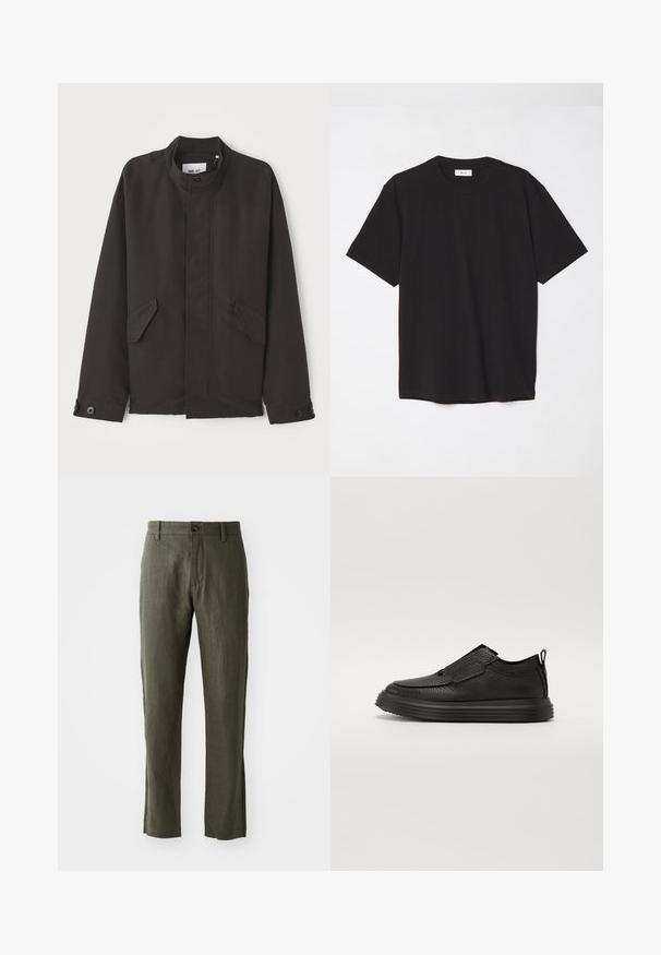 NN.07 SOPHUS - Lagana jakna - black; Crna pamučna majica sa okruglim izrezom, kratkim rukavima i opuštenim krojem. Jednostavan dizajn, glatka tekstura i bez vidljivih uzoraka ili logotipa.; Maslinasto zelene lanene hlače ravnog kroja, s prednjim kopčanjem na dugme i bočnim džepovima. Tkanina ima teksturiran izgled.; The Antipode Tenisice - black