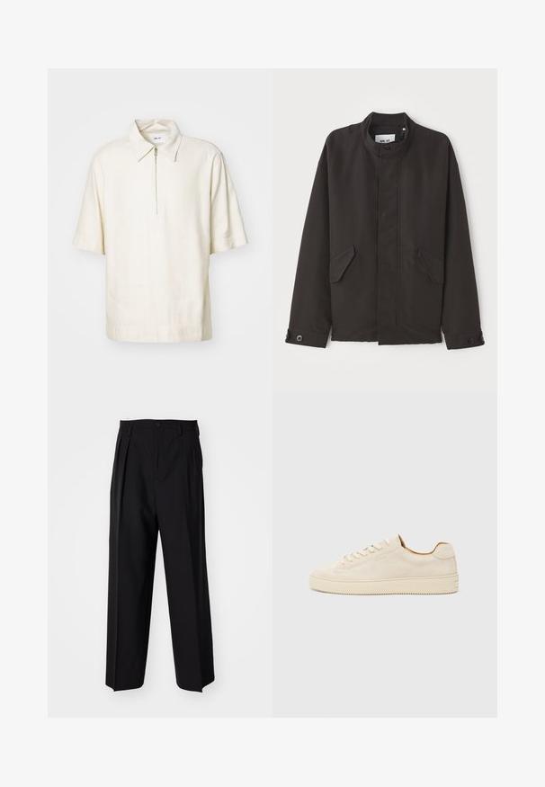 NN.07 SOPHUS - Mezisezónní bunda - black; Krémová košile s krátkým rukávem a zipovým uzávěrem, s plochým límcem, vyrobená z měkké tkaniny, s uvolněným střihem a minimalistickým designem.; Černé skládací kalhoty s rovnými, širokými nohavicemi. Vyrobené z hladké tkaniny, se zapínáním na knoflík a poutky na opasek.; Beige semišové tenisky s nízkým střihem, kulatou špičkou, plochými tkaničkami a texturovanou gumovou podrážkou. Minimalistický styl bez viditelných log.