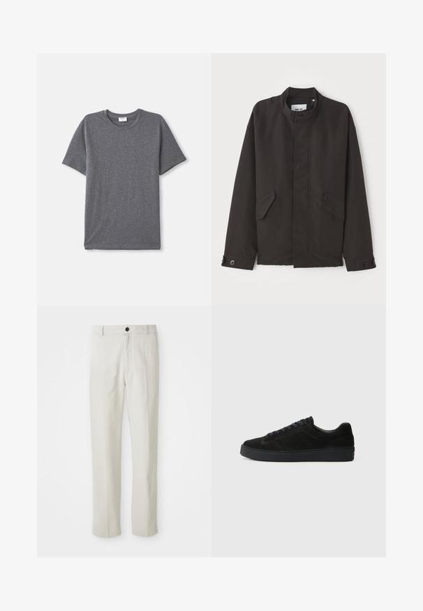 NN.07 SOPHUS - Kerge jope - black; Hallide lühikeste varrukatega t-särk, mis on valmistatud pehmest ja siledast kangast. Klassikaline ümmargune kaelus, mugav lõige ning ilma silmapaistvate disainielementideta.; Beezid sirgedega püksid, millel on vöökohakinnitus, esine nupuga ja tõmblukk, näidatud lapikult valgel taustal.; Must have musta tennisjalats madala, tekstuuriga talla, ümara varbaga, kuue silmaga paelte jaoks ja minimalistlik disain.