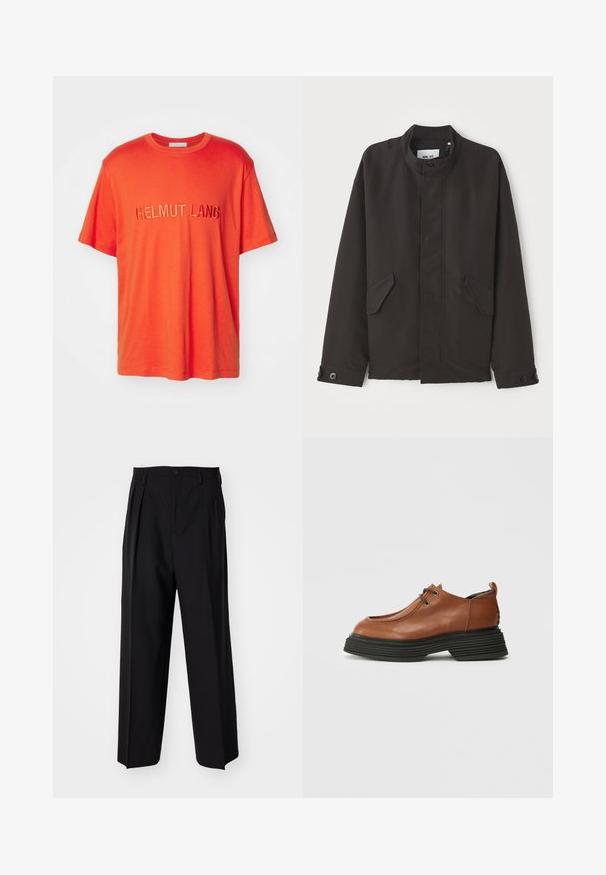 NN.07 SOPHUS - Viegla jaka - black; Oranža kokvilnas T-krekls ar izšuvumu "HELMUT LANG" uz priekša. Īsas piedurknes un noapaļota kakla izgriezums.; Melnas plisētās bikses ar taisnu, plata kāja dizainu. Izgatavotas no gludas auduma, ar pogu aizdari un jostas cilpiņām.; Bordo ādas kurpe ar noapaļotu purngalu, auklu dizainu un biezu melnu slāņu zoli. Ievērojama ar savu strukturēto siluetu un tekstūru.