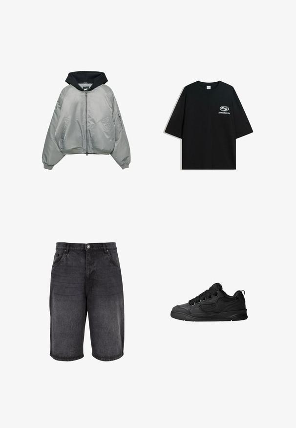 Grå bomberjacka med svart huva. Har dragkedja framtill, elastiska muddar, sidofickor och diamantquiltade detaljer på ärmarna.; Svart oversized t-shirt i bomull med rund halsringning och korta ärmar, med en vit "Shibuya"-logotyp tryckt på framsidan.; Svarta denimshorts med avslappnad passform, femfickdesign och knäppning. Tyget har en mjuk textur med subtila blekningar.; Svarta sneakers med en texturerad övre del, som har snören, meshaccenter för andningsförmåga, vadderad krage och en robust sula.