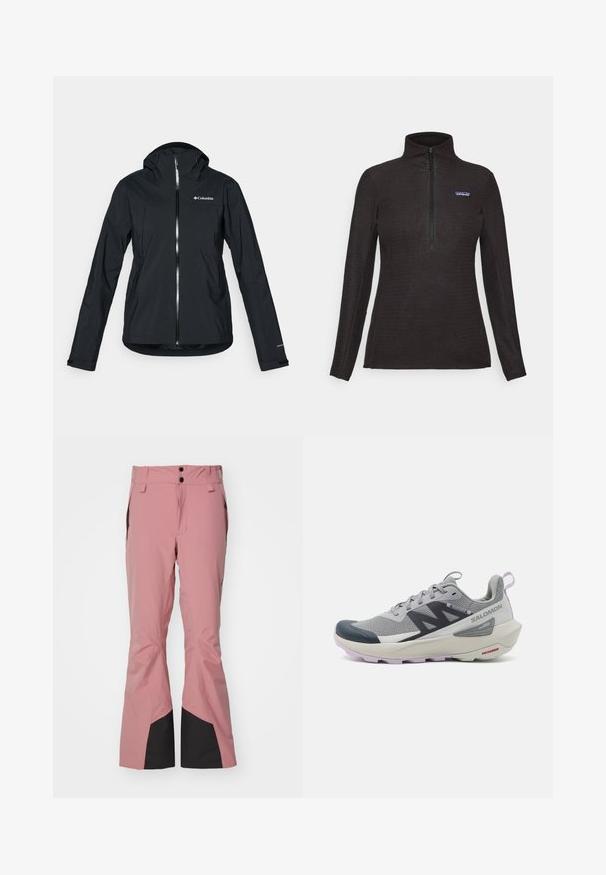 Svart vanntett jakke med full glidelås, festet hette og refleksdetaljer. Glatt tekstur, minimalistisk design med Columbia-logo.; Svart teksturert fleece-genser med lange ermer, kvart glidelås foran og en liten logo-lapp på venstre bryst.; Rosa skibukser laget av vanntett materiale, med vid bendesign, svarte detaljer ved anklene, og to frontknapper i livet.; Salomon løpesko i grå og marine blå har et pustende mesh-overdel, gummitådeksel og teksturert såle med lavendelaccenter.