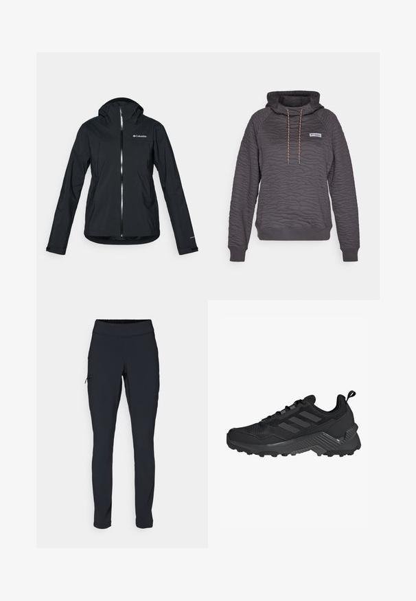 Čierna nepremokavá bunda s plným zipsom, pripevnenou kapucňou a reflexnými akcentmi. Hladká textúra, minimalistický dizajn s logom Columbia.; Columbia PFG OPEN WATER™ QUILTED HOODIE - Mikina s kapucňou - shark; Čierne športové nohavice so slim fit strihom, elastickým pásom a bočnou vreckou so zipsom. Hladká, elastická tkanina s minimálnymi švami.; Čierna športová obuv s hornou časťou z sieťoviny, dizajnom s trojitou prúžkovou témou, tvarovaným podpätkom a robustnou podrážkou s výraznými trakčnými výstupkami.