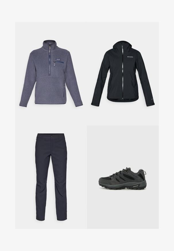Svart vanntett jakke med full glidelås, festet hette og refleksdetaljer. Glatt tekstur, minimalistisk design med Columbia-logo.; Fleece-genser i mørkegrå med høy krage, halv glidelås foran og sidelommer. Har strukturert stoff og brodert logo.; Marineblå bukser laget av glatt stoff, med frontknappelukking, slim-fit design og pressede detaljer ved knærne.; Columbia REDMOND - Fjellsko - black/citron haze