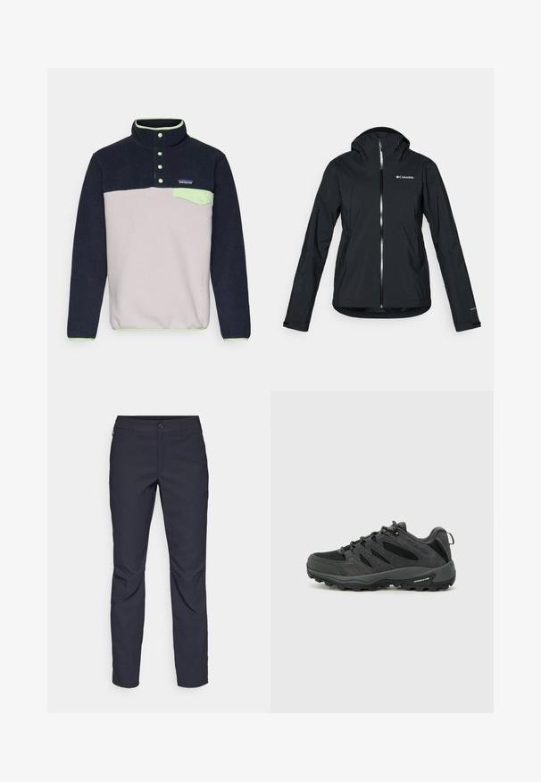 Black waterproof jacket with a full zipper, attached hood, and reflective accents. Smooth texture, minimal design, featuring the Columbia logo.; Fleece pullover in navy and light gray, with a popper collar, a green accent pocket, and a small logo on the chest. Soft texture.; Navy blue pants made of smooth fabric, featuring a front button closure, slim-fit design, and creased detailing at the knees.; Columbia REDMOND - Hiking shoes - black/citron haze