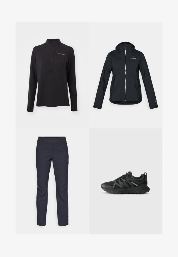 Giacca nera impermeabile con zip full-length, cappuccio integrato e dettagli riflettenti. Tessuto liscio, design minimale, con logo Columbia.; Pullover nero a maniche lunghe realizzato in materiale testurizzato, con zip a metà, colletto alto e tasca sul petto con zip. Logo del marchio sul davanti.; Pantaloni blu navy realizzati in tessuto liscio, con chiusura frontale a bottone, design slim-fit e pieghe decorative sulle ginocchia.; Columbia PEAKFREAK - Scarpa da hiking - black