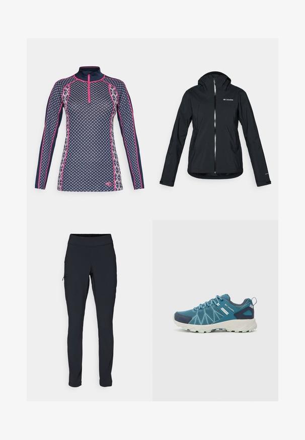Juodas vandeniui atsparus švarkas su pilna užtrauktuko sistema, pritvirtinta kapišonu ir atspindinčiomis detalėmis. Lygi tekstūra, minimalus dizainas, su "Columbia" logotipu.; Jūrų laivyno ilgarankovė maikutė su ketvirčio užtrauktuku, turinti geometrinį raštą rožinės ir baltos spalvos, kontrastingą rožinę siuvinėjimą ir prigludusią fasoną.; Juodi sportiniai medvilniniai kelnių modeliai su siauru kirpimu, elastinga juosmens juosta ir šonine kišene su užtrauktuku. Lygus, elastingas audinys su minimaliais siūlės.; Columbia PEAKFREAK™ II OUTDRY™ - Turistiniai batai - blue heron/skylight