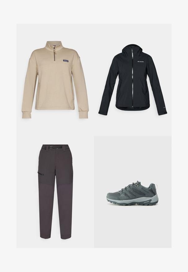 Svart vanntett jakke med full glidelås, festet hette og refleksdetaljer. Glatt tekstur, minimalistisk design med Columbia-logo.; Beige fleece genser med halv glidelås, ståkrage og lange ermer. Har en liten lapplogo på venstre bryst. Myk tekstur.; Mørkegrå cargo-bukser laget av lett stoff, med et slitesterkt liv, front glidelås, og sidelomme med borrelåsflap.; Mørkegrå fjellstøvler med mesh og semsket overdel, snøring, polstret såle og robust yttersåle med grep mønster.