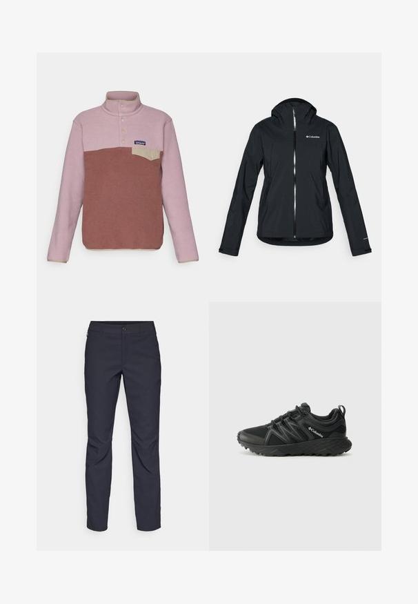 Črna vodoodporna jakna s polnim zadrgo, pritrjeno kapuco in odsevnimi detajli. Gladka tekstura, minimalističen dizajn, ki vključuje logotip Columbia.; Patagonia SNAP - Pulover iz flisa - dulse mauve; Mornarji modri hlače iz gladkega blaga, z zapiranjem na gumb spredaj, tesno prilegnjenim krojem in gubami na kolenih.; Columbia PEAKFREAK - Pohodniški čevlji - black