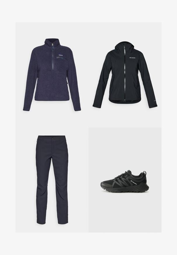 Casaco impermeável preto com fecho de correr completo, capuz integrado e detalhes reflectores. Textura suave, design minimalista, apresentando o logo da Columbia.; Jacket de polar azul marinho com colarinho alto, fecho de meia altura na frente, bolso com fecho no peito e logótipo da Patagonia no lado esquerdo do peito.; Calças azul-marinho feitas de tecido liso, com fecho frontal em botão, design slim-fit e detalhes pregueados nos joelhos.; Columbia PEAKFREAK - Sapatos de caminhada - black