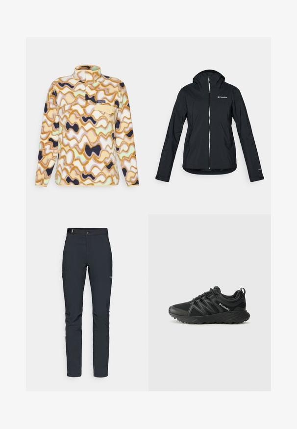 Giacca nera impermeabile con zip full-length, cappuccio integrato e dettagli riflettenti. Tessuto liscio, design minimale, con logo Columbia.; Patagonia SNAP - Felpa in pile - natural; Pantaloni da uomo per attività all'aperto, grigio scuro, realizzati in materiale elastico, dotati di cintura, tasche con zip e cuciture rinforzate.; Columbia PEAKFREAK - Scarpa da hiking - black