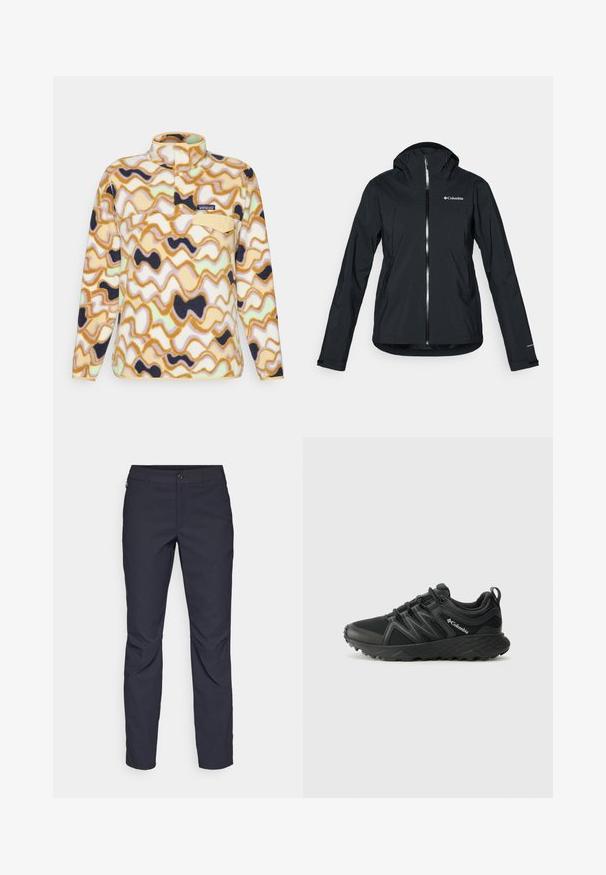 Juodas vandeniui atsparus švarkas su pilna užtrauktuko sistema, pritvirtinta kapišonu ir atspindinčiomis detalėmis. Lygi tekstūra, minimalus dizainas, su "Columbia" logotipu.; Patagonia SNAP - Flisinis džemperis - natural; Tamsiai mėlynos kelnės, pagamintos iš lygaus audinio, su priekiniais mygtukais, lieknos silueto ir raukšlėmis ant kelių.; Columbia PEAKFREAK - Turistiniai batai - black