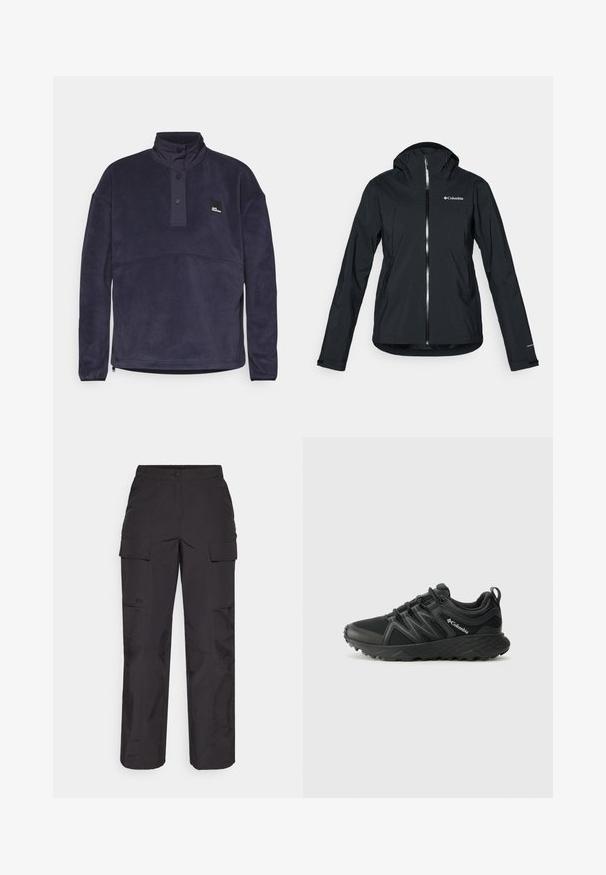 Giacca nera impermeabile con zip full-length, cappuccio integrato e dettagli riflettenti. Tessuto liscio, design minimale, con logo Columbia.; Pullover in pile blu navy con colletto alto, chiusura a mezza bottoni e patch con logo. Presenta una texture morbida e un design a taglio dritto.; Pantaloni cargo neri realizzati in tessuto resistente, caratterizzati da molteplici tasche laterali, chiusura con bottone e vestibilità ampia con gambe dritte.; Columbia PEAKFREAK - Scarpa da hiking - black