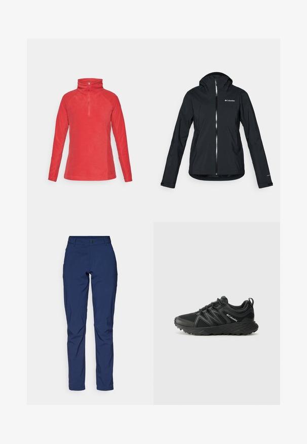 Mustat vedenpitävät takki, jossa on täysipitkä vetoketju, irrotettava huppu ja heijastavat yksityiskohdat. Tasainen pinta, minimalistinen muotoilu, jossa on Columbia-logo.; Punainen fleece-pusero, jossa on korkea kaulus, puoliveto etuosa, pitkät raglan-hihat, sileä pinta ja yksinkertainen muotoilu. Ei kuvioita tai yksityiskohtia.; Navyblå byxor i slät tyg, med klassisk passform, framfickor och gylf med dragkedja och knappstängning.; Columbia PEAKFREAK - Vaelluskengät - black