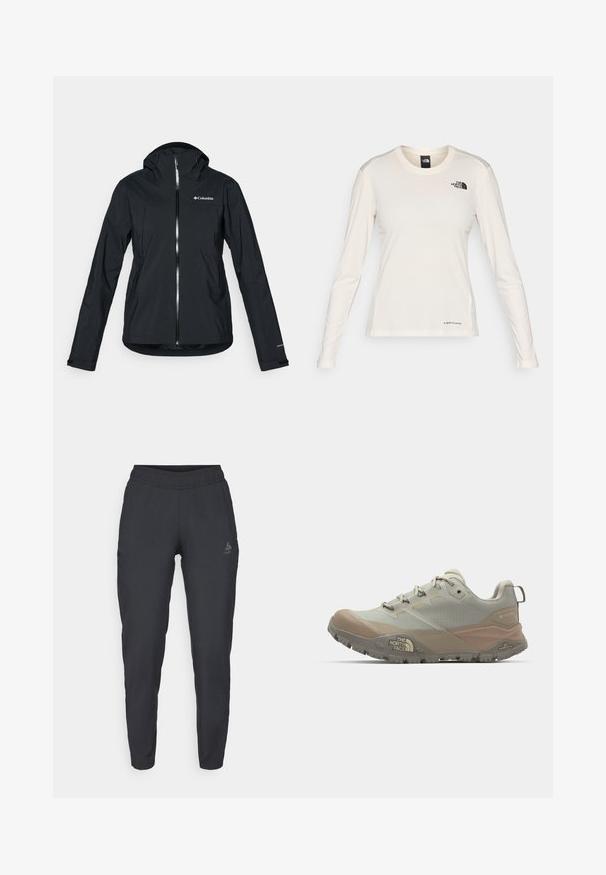 Črna vodoodporna jakna s polnim zadrgo, pritrjeno kapuco in odsevnimi detajli. Gladka tekstura, minimalističen dizajn, ki vključuje logotip Columbia.; The North Face SHADOW LONG SLEEVE - Majica z dolgimi rokavi - white dune; Črne športne hlače iz mehkega blaga; vsebujejo elastičen pas, zožane noge in stranske žepke, z logotipom na levem stegnu.; Svetlo sivi atletski čevlji z bež detajli, izdelani iz sintetičnega materiala. Imajo trpežen podplat, vezalni dizajn in blagovno znamko na strani.