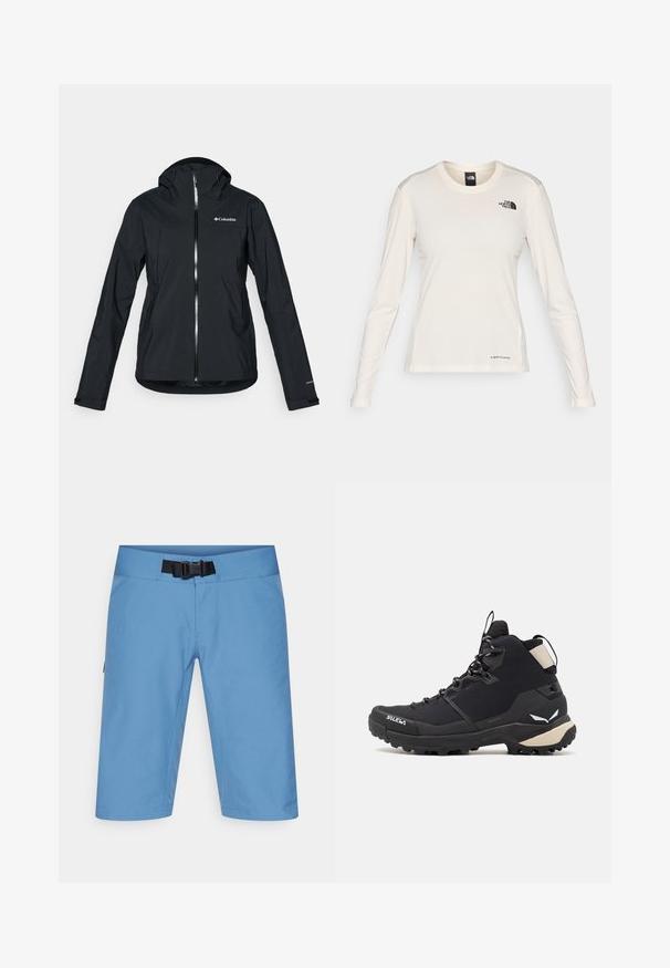 Mustat vedenpitävät takki, jossa on täysipitkä vetoketju, irrotettava huppu ja heijastavat yksityiskohdat. Tasainen pinta, minimalistinen muotoilu, jossa on Columbia-logo.; The North Face SHADOW LONG SLEEVE - Pitkähihainen paita - white dune; Vaaleansiniset vaellushousut, joissa on litteä vyötärö, säädettävä vyö ja sivutaskut. Valmistettu sileästä, hengittävästä materiaalista, polvinpituiset.; Salewa PUEZ MID PTX - Vaelluskengät - black