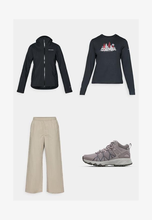 Mustang must-haves vettisooja, täispikk tõmblukk, kinnitatud kapuuts ja peegeldavad aktsendid. Sile tekstuur, minimaalne disain, millel on Columbia logo.; Pikend varrukatega tumehall särk, millel on punaste puude ja mägede graafika; "COLUMBIA" logo julge valge tekstiga. Pehme kangas, tavaline ümmargune kaelus.; Laiad püksid hebedas beežis kangas, elastse vöökohtaga, sileda tekstuuriga ning ilma nähtavate metalldetailide või mustriteta.; Heledad helesed purple hiking shoes, mille ja sünteetiliste pealistega, külgedel tekstuurilised mustrid, pehme vahekiht ja jäme kummist tallad.