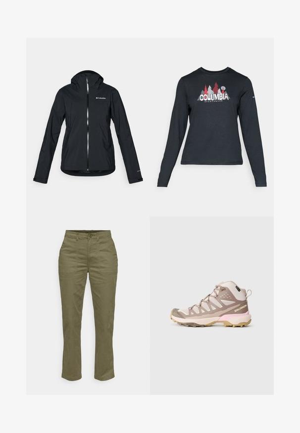 Mustang must-haves vettisooja, täispikk tõmblukk, kinnitatud kapuuts ja peegeldavad aktsendid. Sile tekstuur, minimaalne disain, millel on Columbia logo.; Pikend varrukatega tumehall särk, millel on punaste puude ja mägede graafika; "COLUMBIA" logo julge valge tekstiga. Pehme kangas, tavaline ümmargune kaelus.; Oliivroheline puuvillane püksid sirge sääre disainiga, millel on ees nupuga kinni minek, kaks küljetaskut ja tugevdatud õmblused.; Heledad roosa keskmise kõrgusega matkajalats, millel on hingav võrgust ülemine osa, pruuni aktsendiga, tekstuuriga välistald ja tugevdatud varbakaitse. Omab Salomoni brändingut.