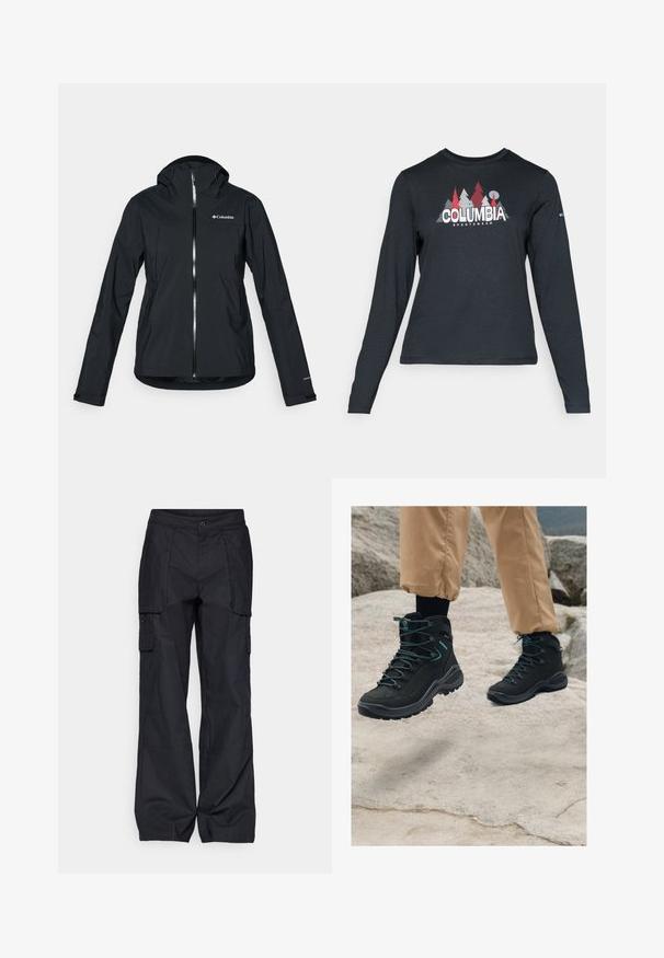 Černá voděodolná bunda s celopropínacím zipem, připevněnou kapucí a reflexními akcenty. Hladká textura, minimalisticý design se znakem Columbia.; Tmavě šedá dlouhá košile s grafikou červených stromů a hor; logo "COLUMBIA" v tučném bílém písmu. Měkká tkanina, standardní kulatý výstřih.; Columbia BREA FALLS™ COTTON RIPSTOP PANT - Outdoorové kalhoty - black; Černé turistické boty s texturovaným materiálem, robustní konstrukcí, modrými akcenty a odolnými podrážkami, umístěné na skalnatém terénu.