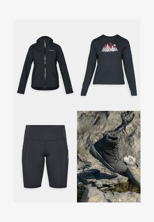 Melna ūdensizturīga jaka ar pilnu rāvējslēdzēju, pievienotu kapuci un atstarojošiem akcentiem. Gluda tekstūra, minimāls dizains, ar Columbia logo.; Tumšs pelēks krekls ar garām piedurknēm, ar grafiku, kurā attēloti sarkani koki un kalni; "COLUMBIA" logo treknā baltā tekstā. Mīksta auduma, standarta apaļa kakla izgriezums.; Melnas riteņbraukšanas šorti, kas izgatavoti no elastīgas auduma; tiem ir sānu kabatas, augsta jostasvieta un plakanu šuvju konstrukcija komfortam un izturībai.; Tumši pelēki pārgājienu zābaki, kas izgatavoti no sintētiskā materiāla, ar mīkstu apkakli, metāla acsļi un teksturētu gumijas zoli labākai saķerei.