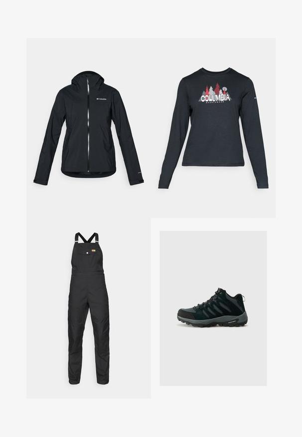 Čierna nepremokavá bunda s plným zipsom, pripevnenou kapucňou a reflexnými akcentmi. Hladká textúra, minimalistický dizajn s logom Columbia.; Dlhý rukáv, tmavošedá košeľa s grafikou červených stromov a hôr; logo "COLUMBIA" v tučnom bielom texte. Mäkká tkanina, štandardný okrúhly výstrih.; Fjällräven VARDAG DUNGAREE TROUSERS W - Outdoorové nohavice - black; Columbia REDMOND - Turistické topánky - black/citron haze