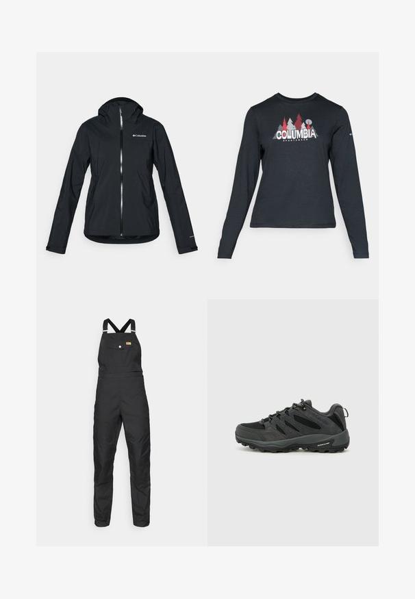 Črna vodoodporna jakna s polnim zadrgo, pritrjeno kapuco in odsevnimi detajli. Gladka tekstura, minimalističen dizajn, ki vključuje logotip Columbia.; Majica z dolgimi rokavi temno siva z grafiko rdečih dreves in gora; logotip "COLUMBIA" v krepki beli barvi. Mehka tkanina, standarden krojen ovratnik.; Fjällräven VARDAG DUNGAREE TROUSERS W - Hlače za na prostem - black; Columbia REDMOND - Pohodniški čevlji - black/citron haze