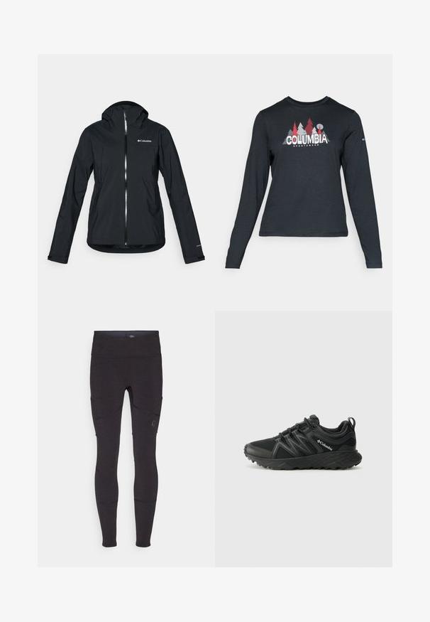 Black waterproof jacket with a full zipper, attached hood, and reflective accents. Smooth texture, minimal design, featuring the Columbia logo.; Long-sleeve dark gray shirt with a graphic of red trees and mountains; "COLUMBIA" logo in bold white text. Soft fabric, standard crew neck.; Black athletic leggings with a smooth texture, high waistband, and side pockets; features articulated seams for enhanced fit and flexibility.; Columbia PEAKFREAK - Hiking shoes - black